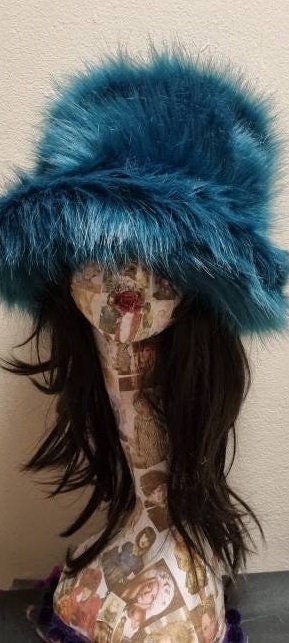 Fuzzy Bucket Hat in Petrol Blue-Festival Hat-Floppy Hat-Fur Hat-Fake Fur Hat-Rave Hat-Petrol Bucket Hat-Blue Fur Hat-vegan friendly hat