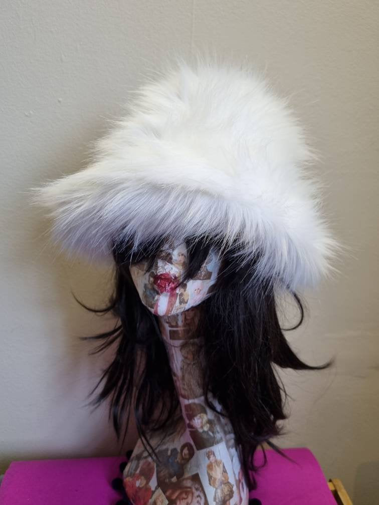 Ice White Faux Fur Bucket Hat-Festival Hat-Floppy Hat-Fur Hat-Fake Fur Hat-Rave Hat-White Fur Hat- Fuzzy Bucket Hat-White Fur Hat