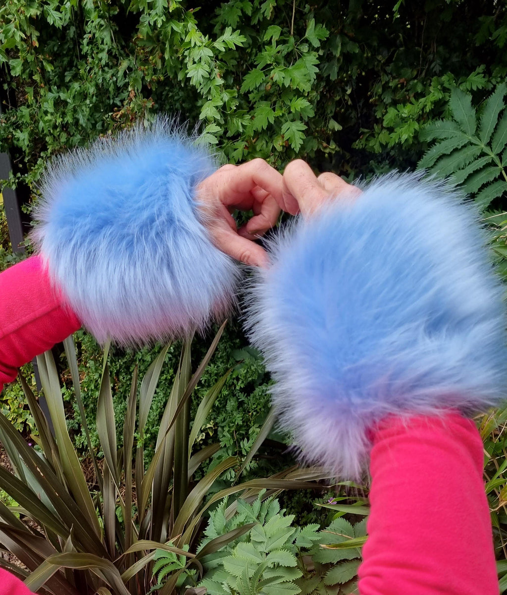 Baby Blue Faux Fur Cuffs | Fluffy Wrist Warmers | Handmade in England