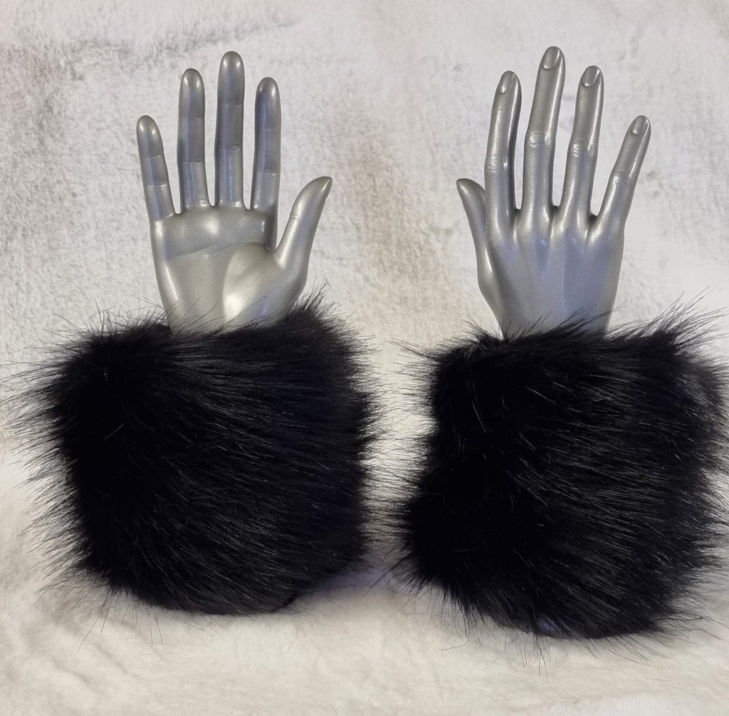 Shiny Black Faux Fur Cuffs | Fluffy Wrist Warmers | Handmade in England