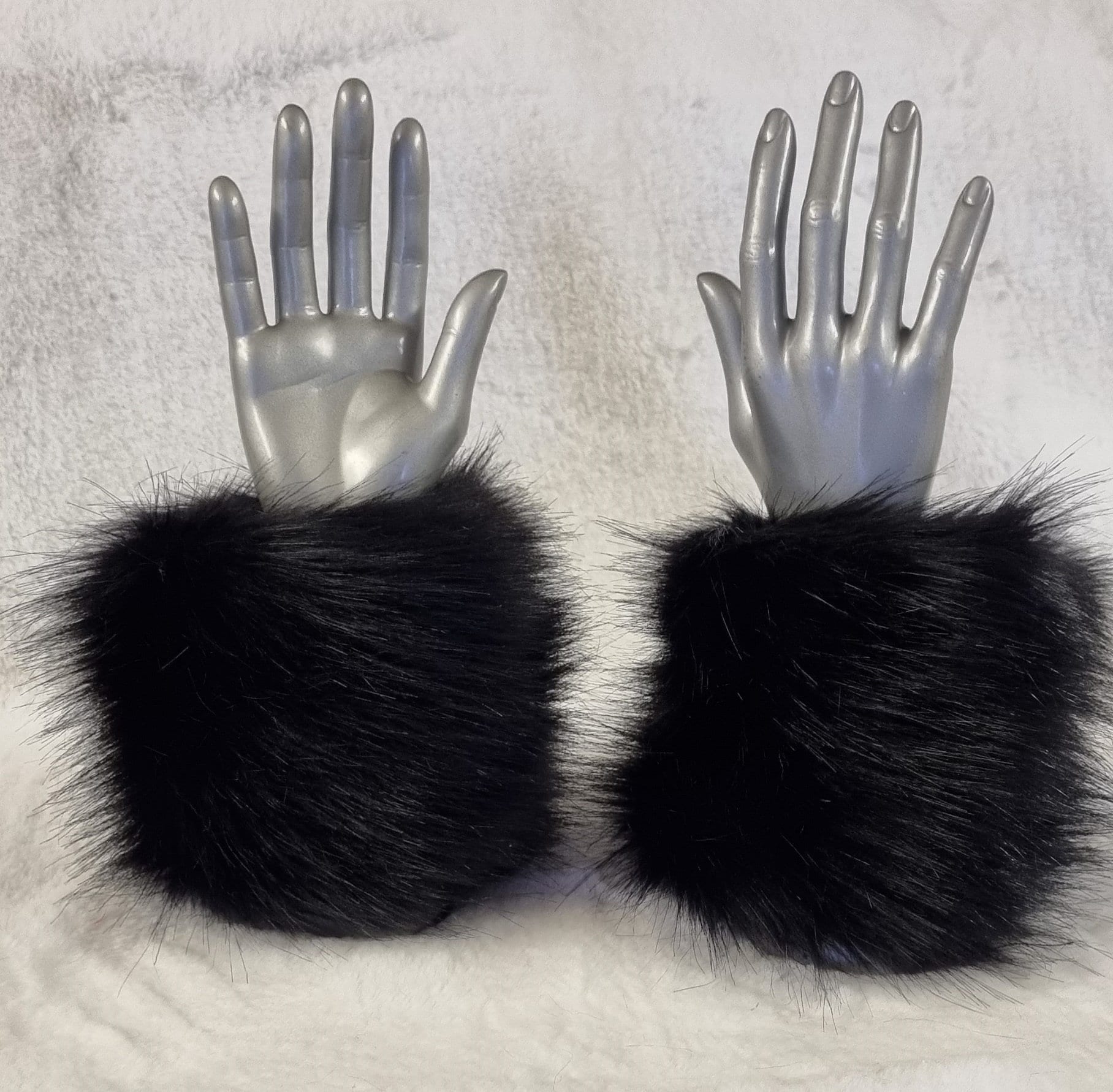 Shiny Black Faux Fur Cuffs | Fluffy Wrist Warmers | Handmade in England