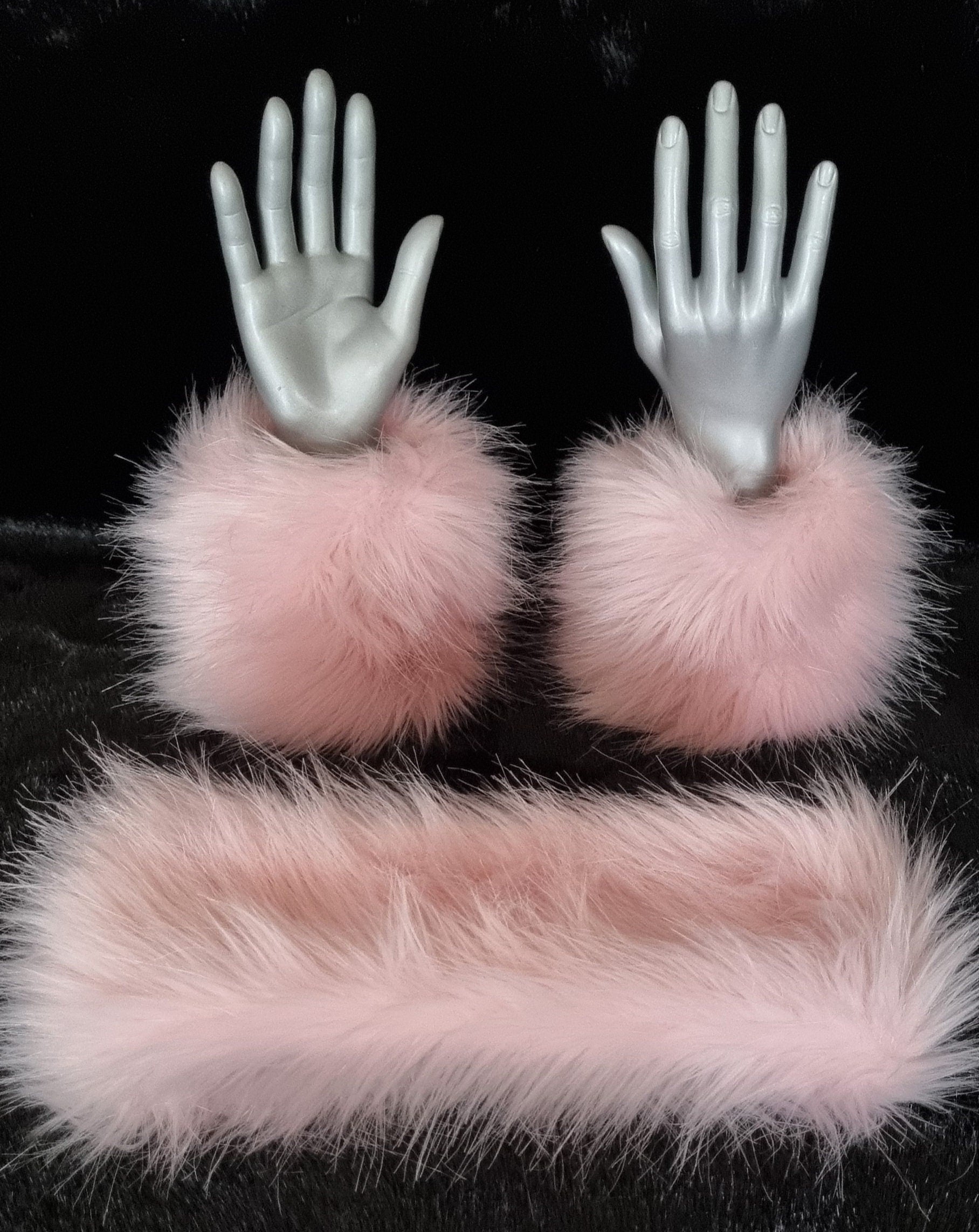 set of headband and matching fluffy pink faux fur wrist cuffs