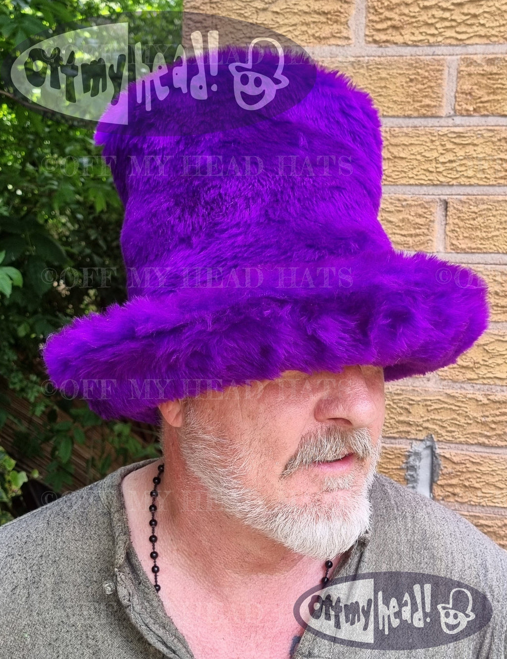 a fluffy tall purple fake fur hat. Customised to any size