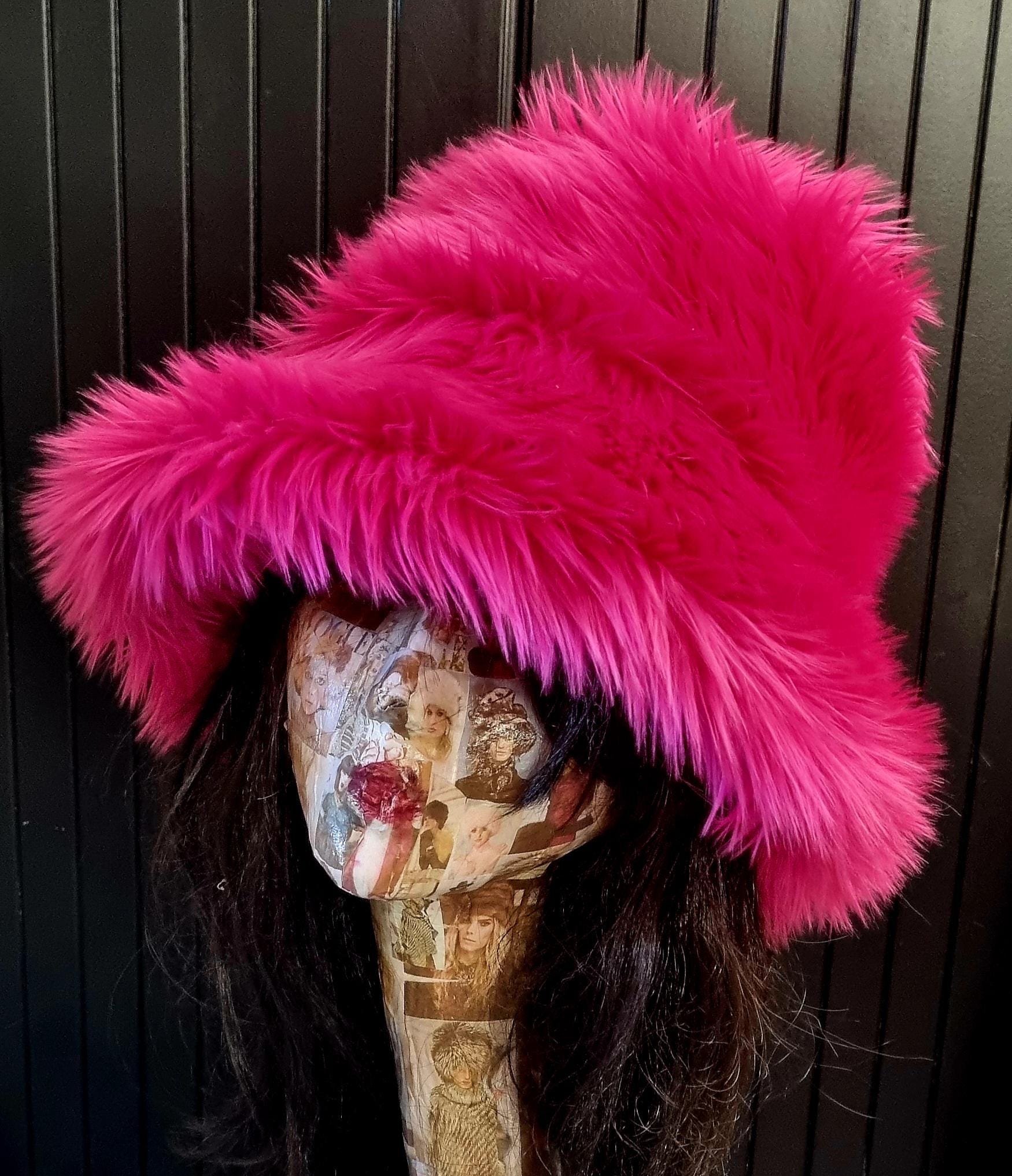 Shaggy shocking pink faux fur bucket hat — third side view showing hat shape and fluffy texture in natural light