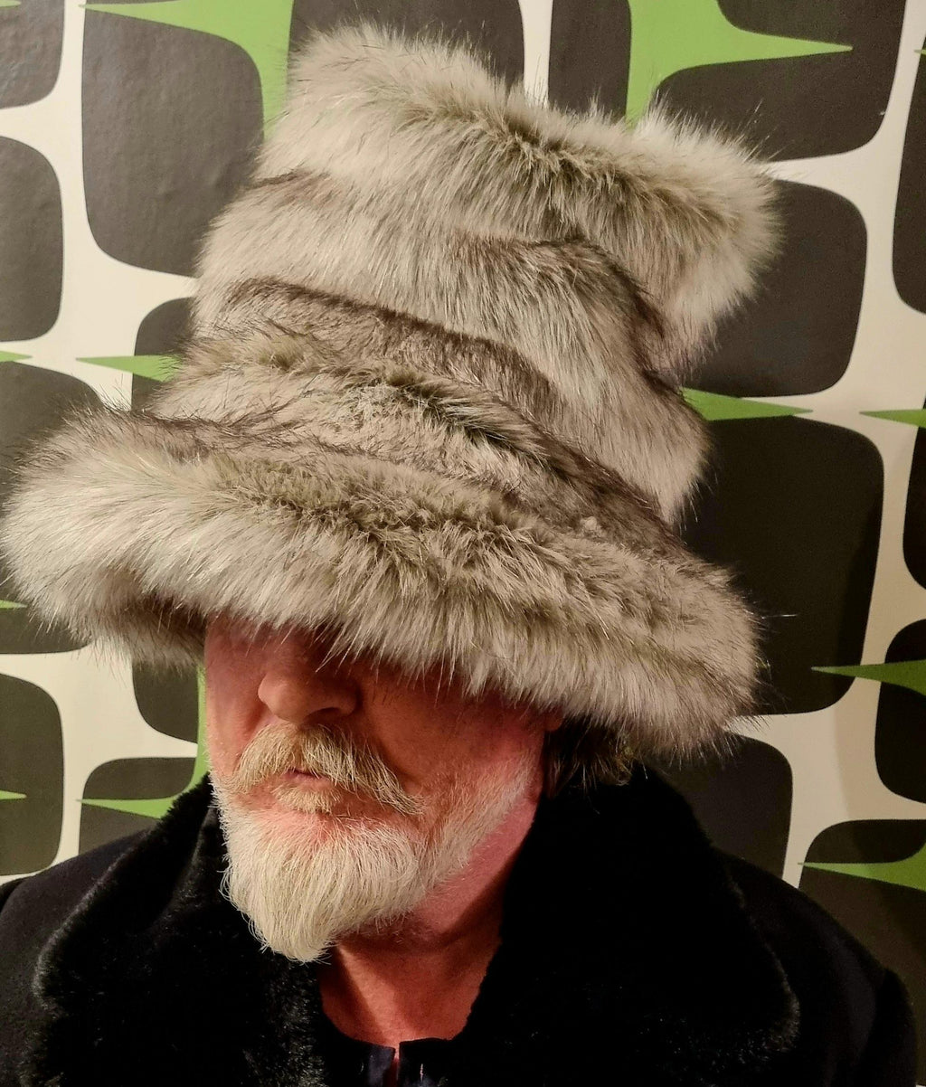 tall oversized fake fur hat in a silver grey fabric
