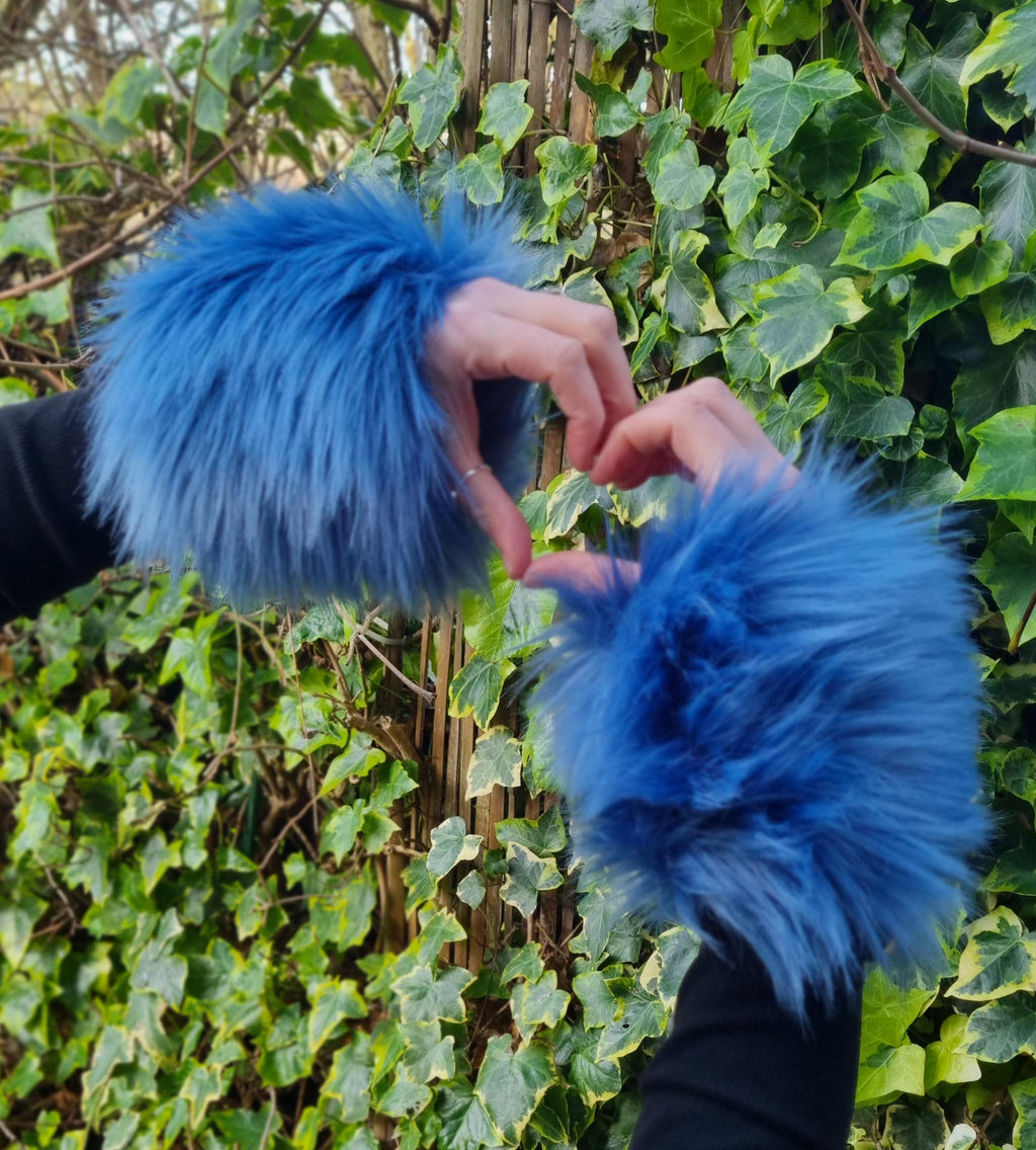  Luxury cornflower blue faux fur cuffs - fleece lined wrist warmers - handmade in England

