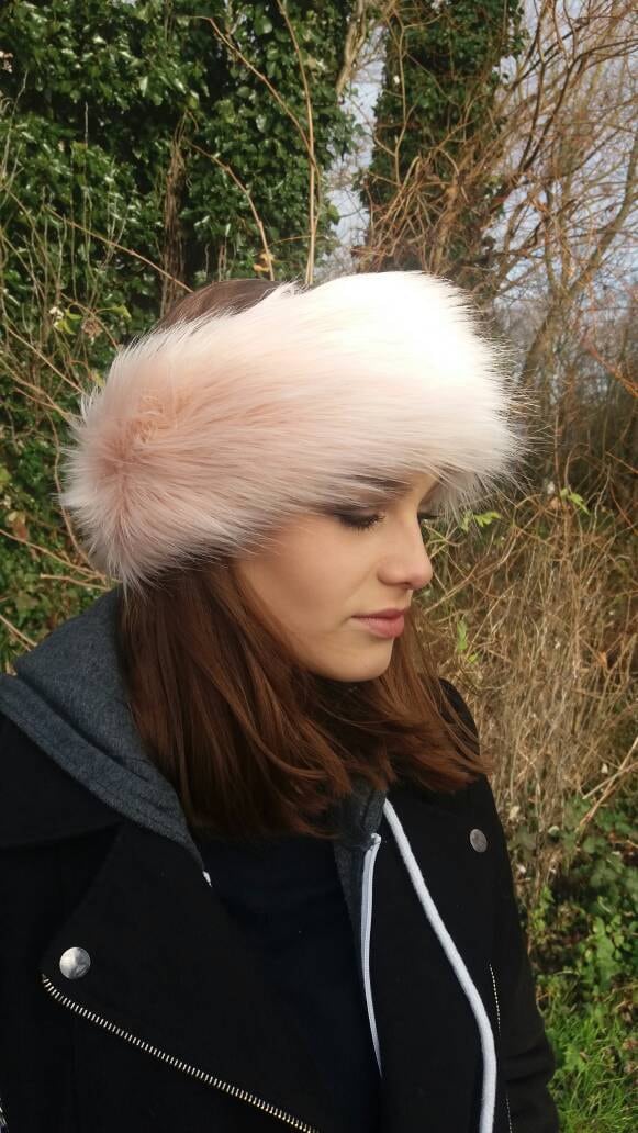  peachy pink faux fur headband showing soft fur texture, handmade in England
