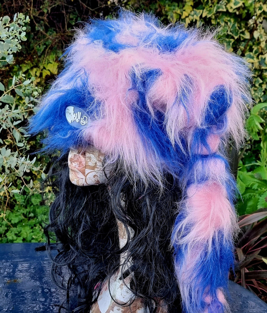 Marshmallow Hat in Wispy Pink & Blue Faux Fur | Fluffy Rave Hat | Handmade in England