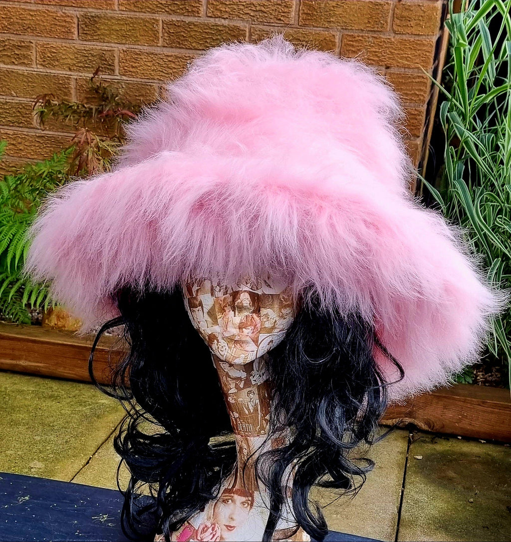 Mega Fluffy-Extra Wide Wire Brim -Fuzzy Bucket Hat-Pink Oversized Bucket Hat -Cruelty Free-Wide Brim-Pamela Anderson-Pink Fur