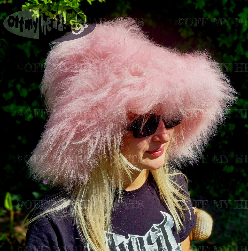 Mega Fluffy-Extra Wide Wire Brim -Fuzzy Bucket Hat-Pink Oversized Bucket Hat -Cruelty Free-Wide Brim-Pamela Anderson-Pink Fur