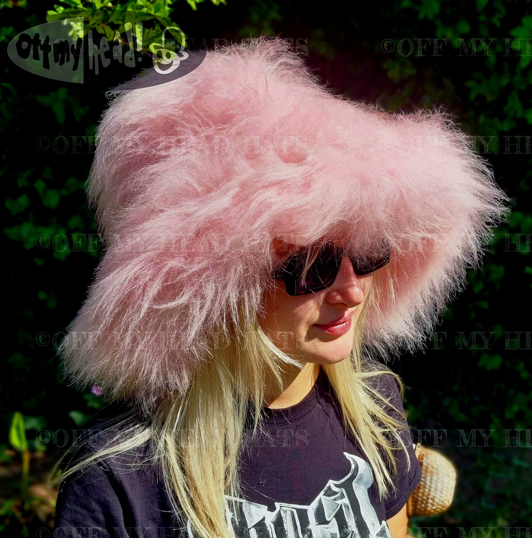 Mega Fluffy-Extra Wide Wire Brim -Fuzzy Bucket Hat-Pink Oversized Bucket Hat -Cruelty Free-Wide Brim-Pamela Anderson-Pink Fur