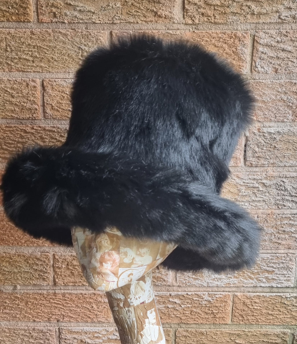 6 inch Tall Black Faux Fur Hat | Handmade in England | JK Space Cowboy Hat