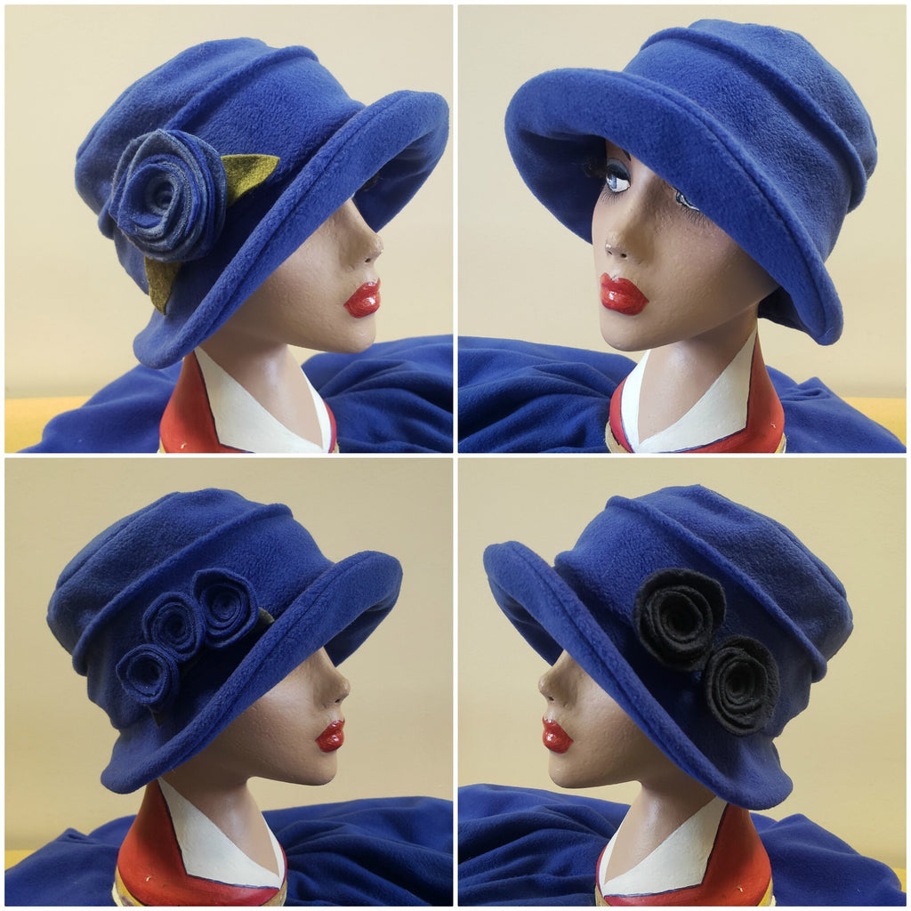 Collage of a blue hat with floral embellishments on mannequins against a beige background.