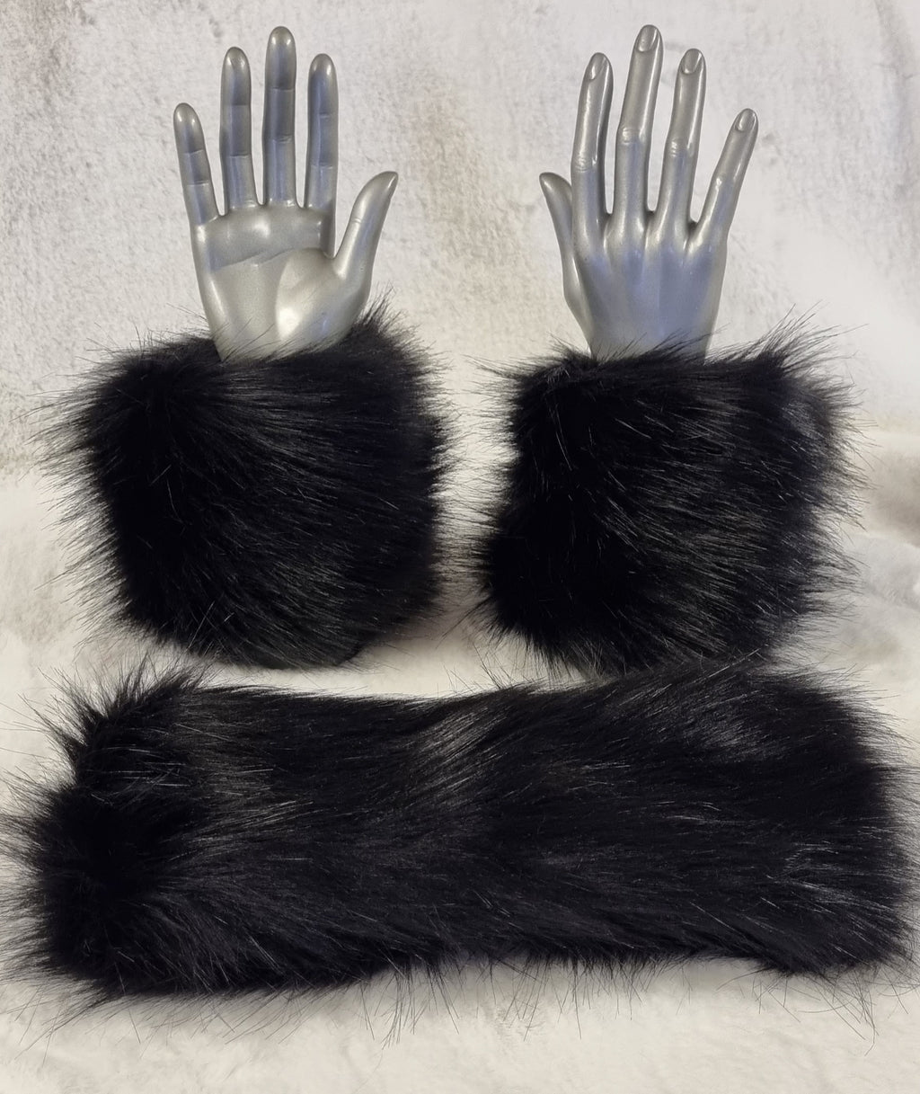 Shiny Black Faux Fur Cuffs | Fluffy Wrist Warmers | Handmade in England