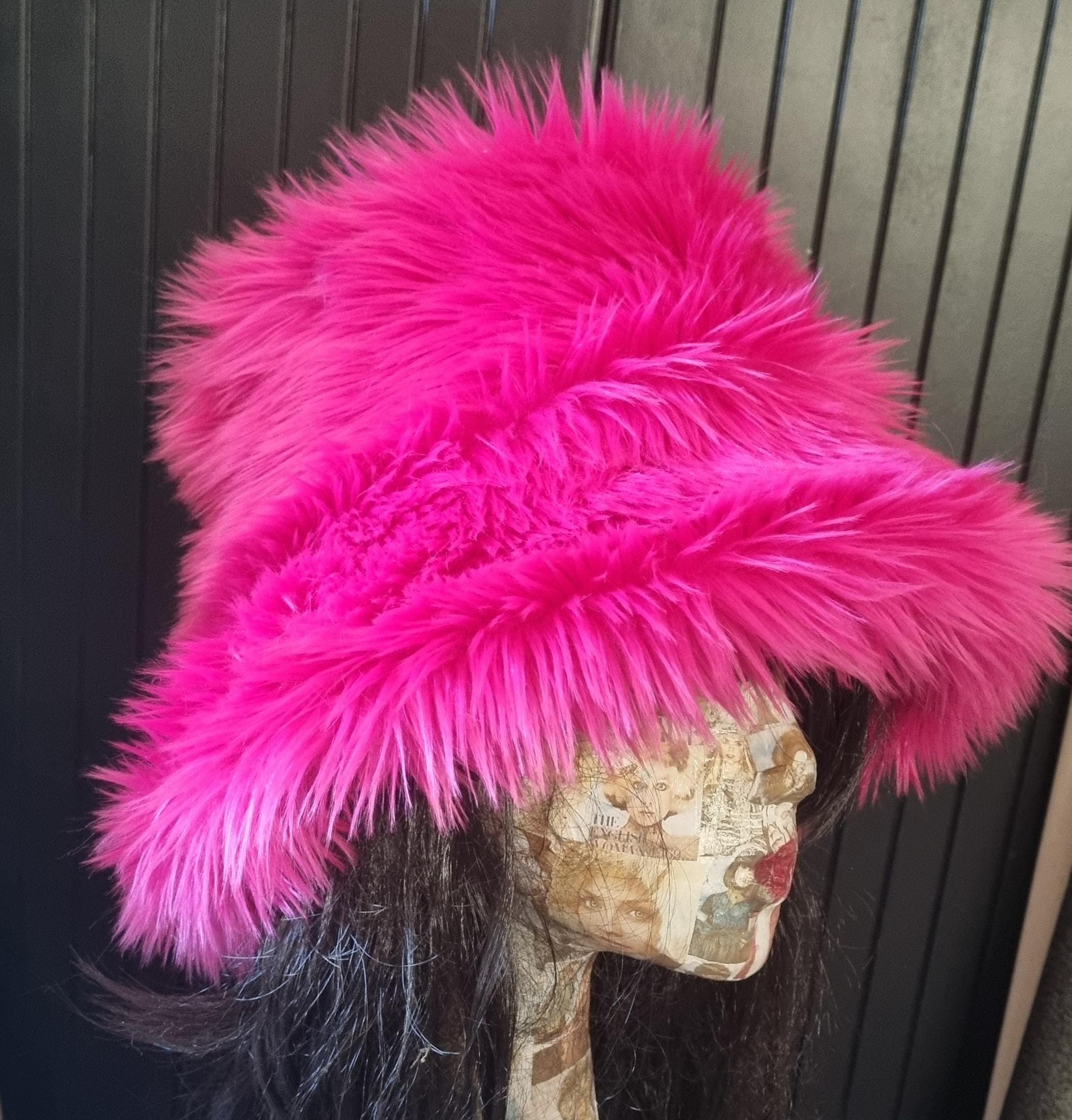 Shaggy shocking pink faux fur bucket hat — fourth side angle, full brim detail and vivid hot pink colour, made to order in Nottingham"