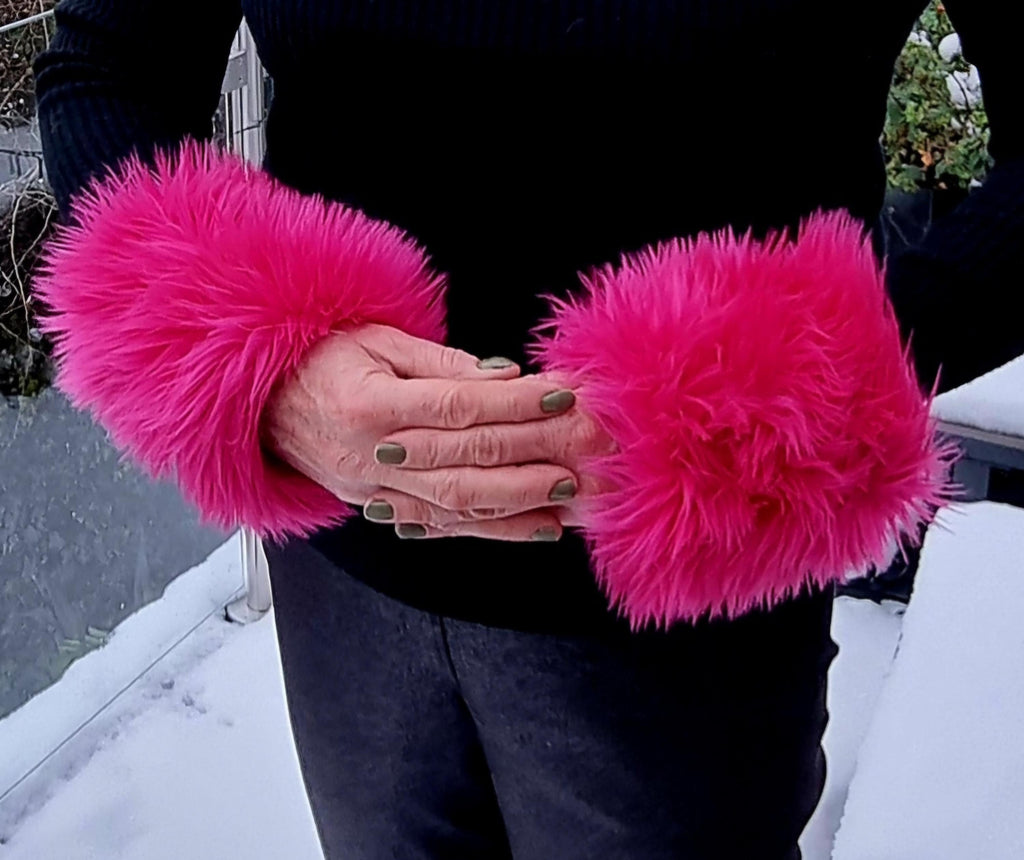 Luxury Shocking Pink Shaggy Faux Fur Cuffs | Fleece Lined Wrist Warmers | Handmade in England