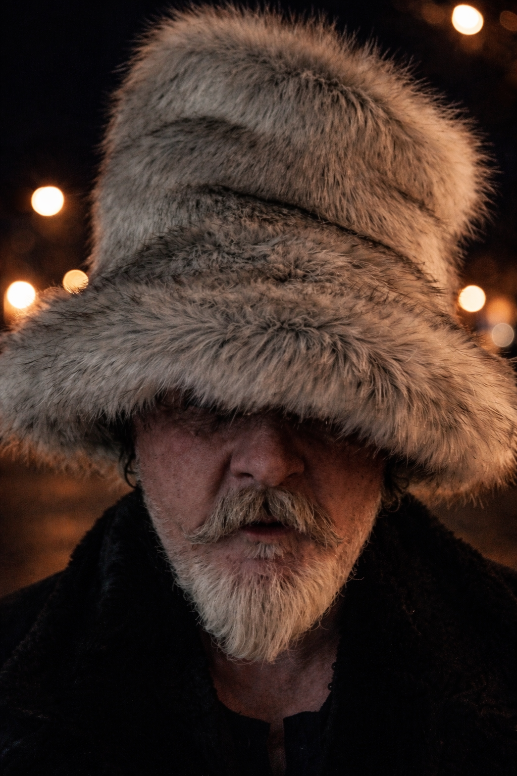 big tall fake fur hat in a JK style. Grey fur fabric