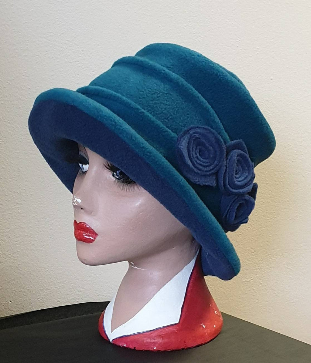 Teal and airforce blue fleece hat with flower finish, elegant ladies winter hat, handmade in Nottingham