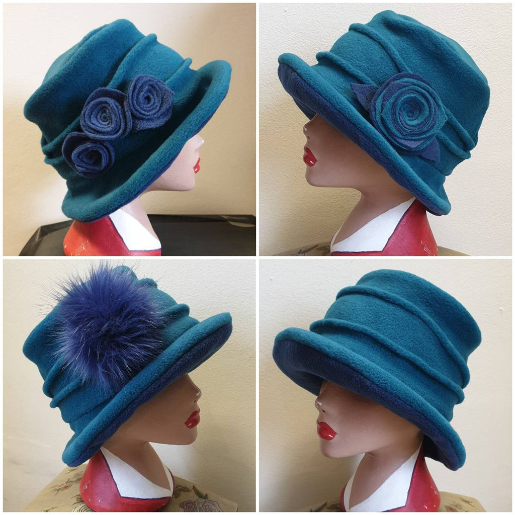 Collage of a teal hat with floral embellishments on a mannequin head.