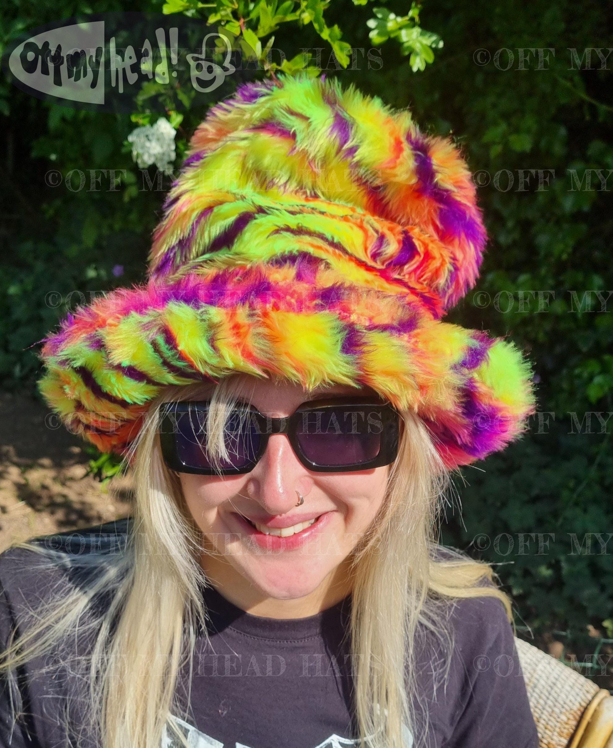 multicoloured top hat style hat in fake fur fabric