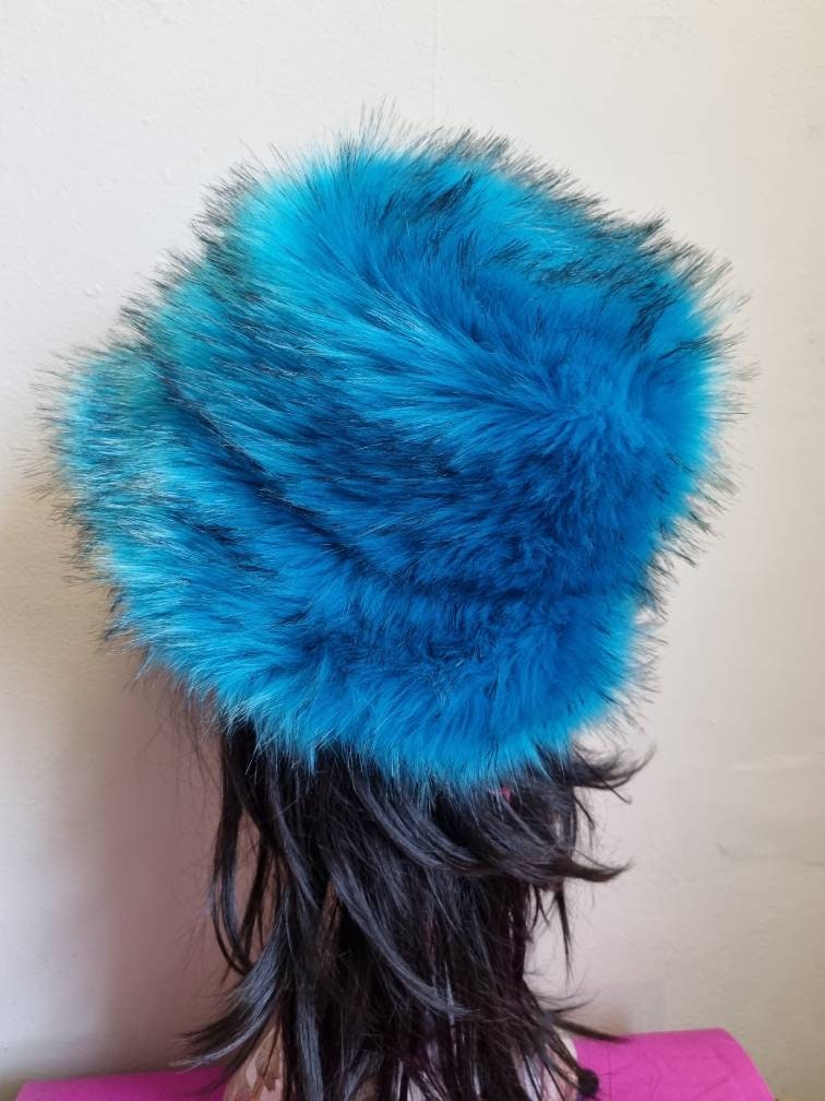 turquoise and black faux fur bucket hat — third side view on mannequin, full brim detail and rich turquoise colour, made to order in Nottingham