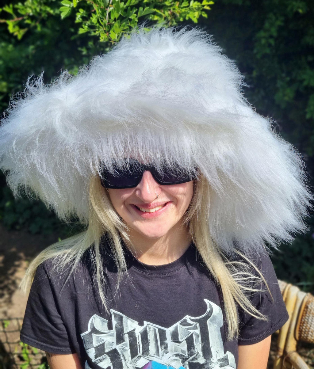 White fluffy wide brim festival hat with shapeable wire brim — cruelty-free faux fur, made to order