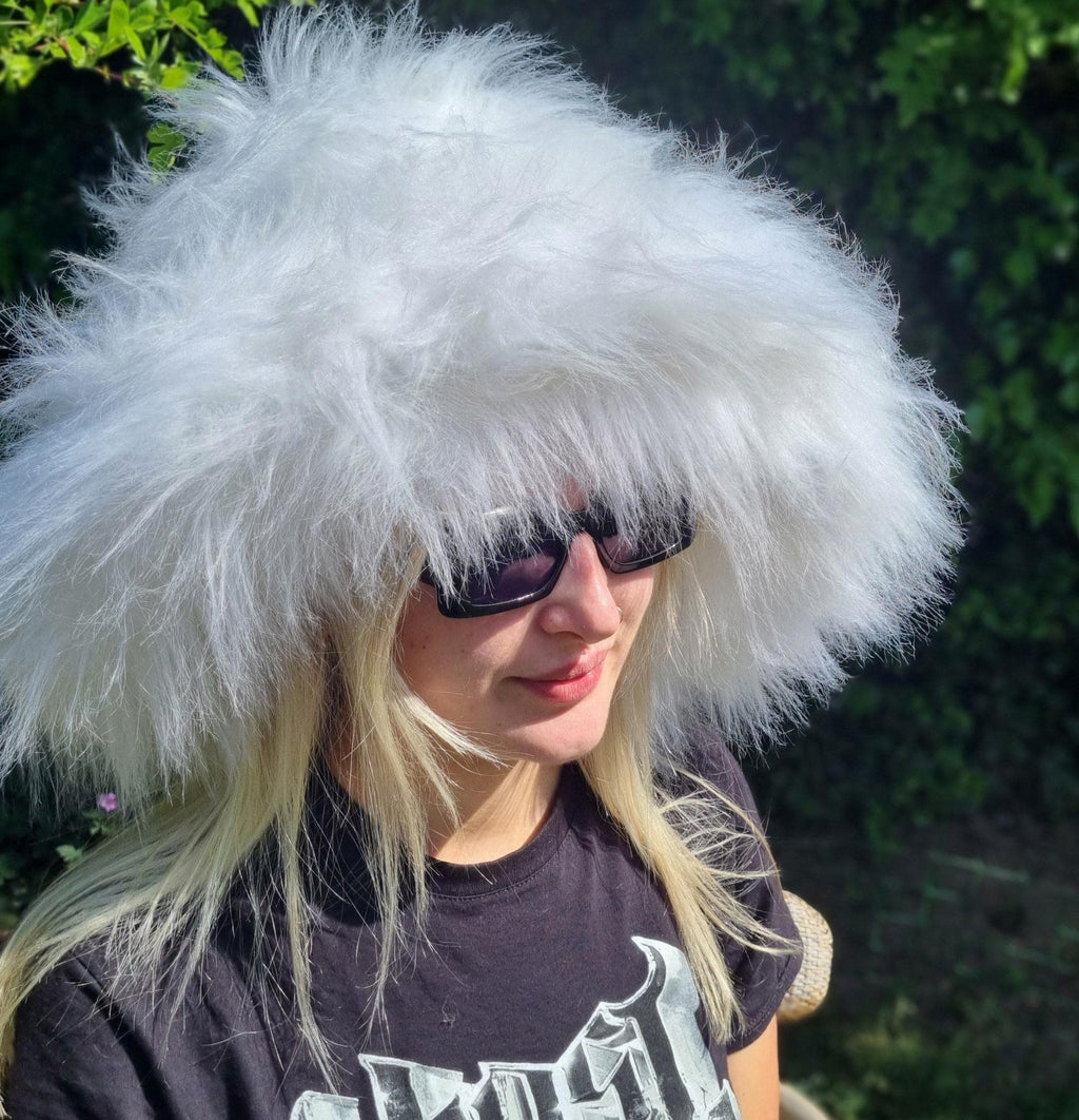 White oversized faux fur festival hat — perfect for brides, hen parties, raves and fancy dress
