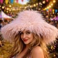 Oversized Pink Faux Fur Bucket Hat | Extra Wide Wired Brim | Festival Hat