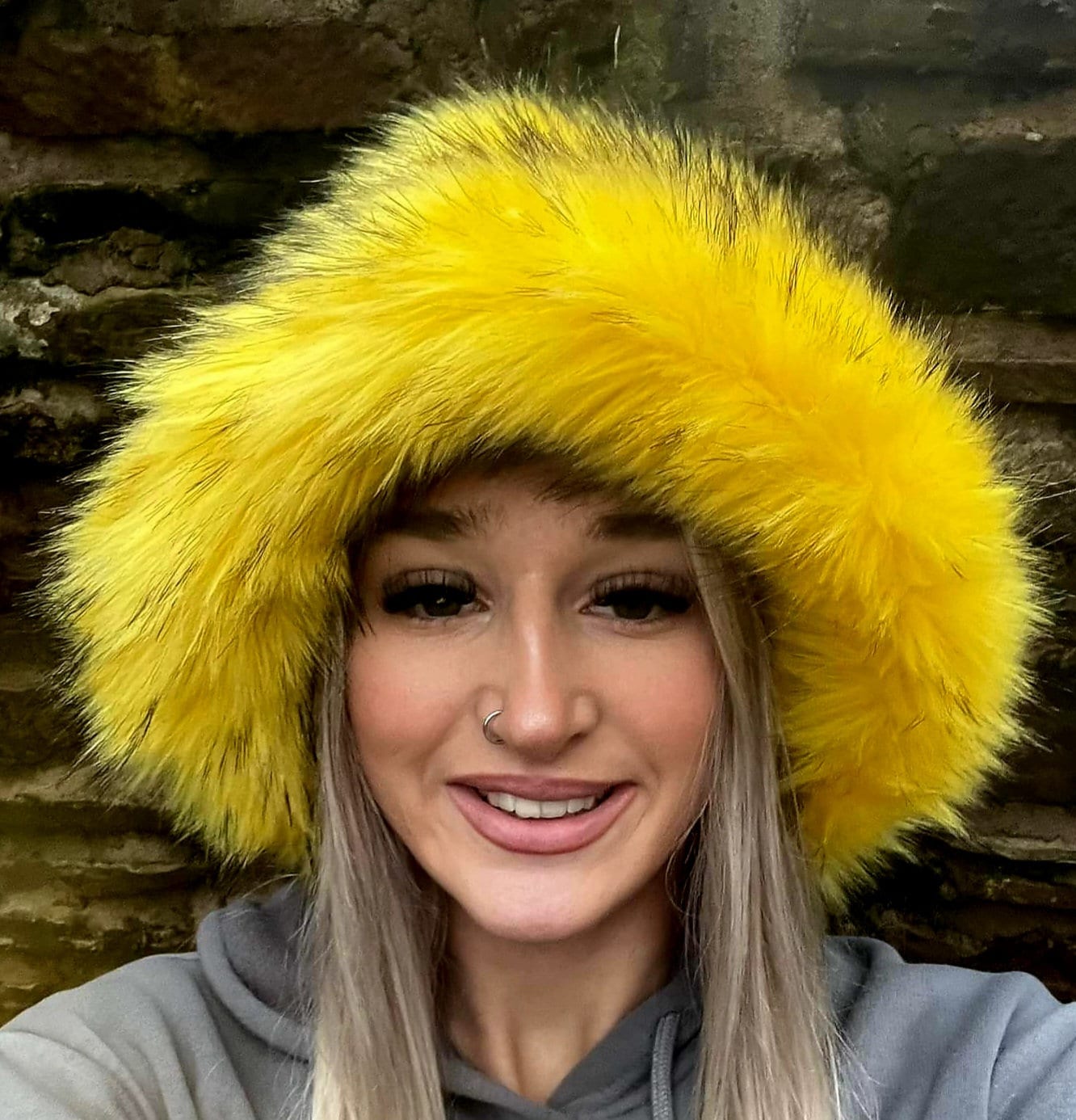  yellow faux fur bucket hat — front view on model, festival-ready handmade headwear by Off My Head"